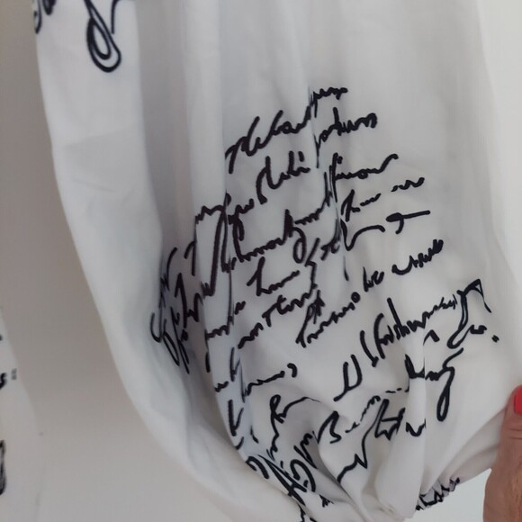 FHQ Womens M Shirt Script Top Ruffle Collar Button Front Poet Sleeves White - Picture 7 of 12